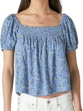 Lucky Brand Lavender Smocked Square-Neck blue floral printed top EUC medium